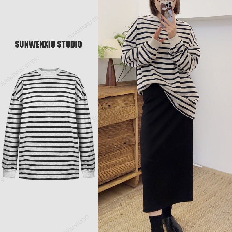 swx studio撞色条纹套头经典款百搭休闲宽松T恤打底长袖
