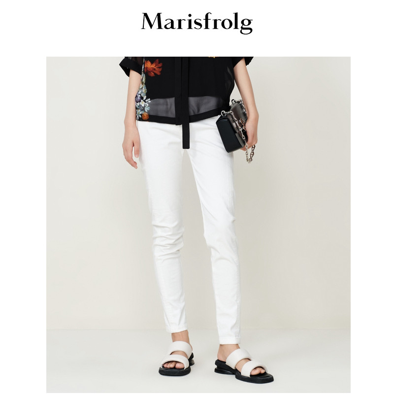 【米儿精选】玛丝菲尔新款弹力面料白色收脚口休闲裤女A1BW25375