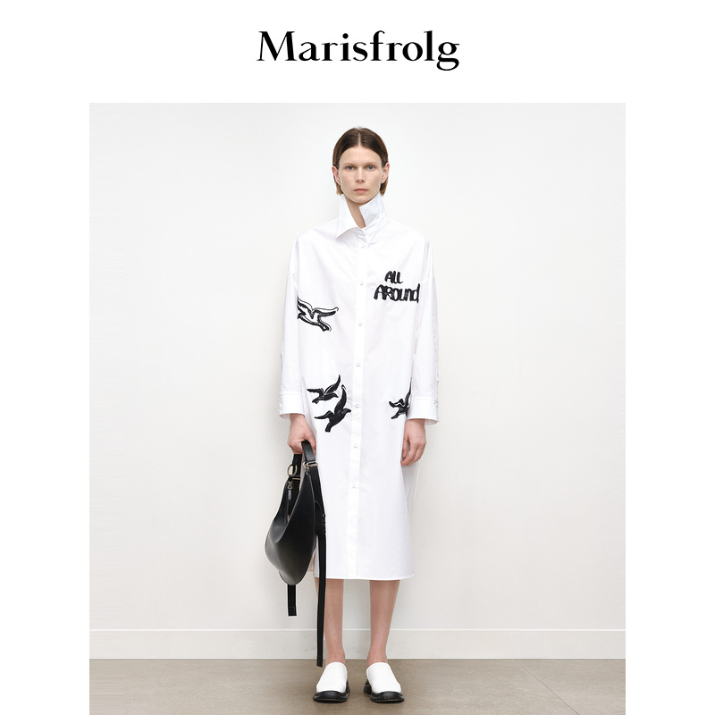 【冬姐精选】玛丝菲尔长袖白色时尚休闲女士中长款连衣裙