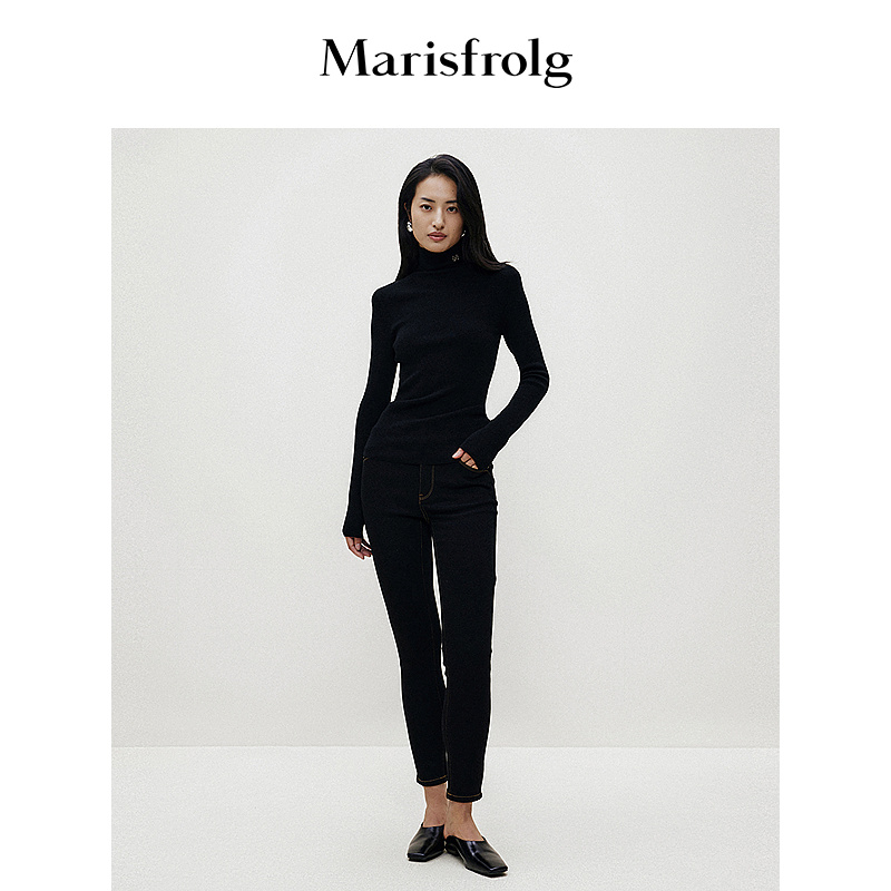 Marisfrolg玛丝菲尔显瘦休闲时尚简约女士黑色牛仔裤A1DE44275