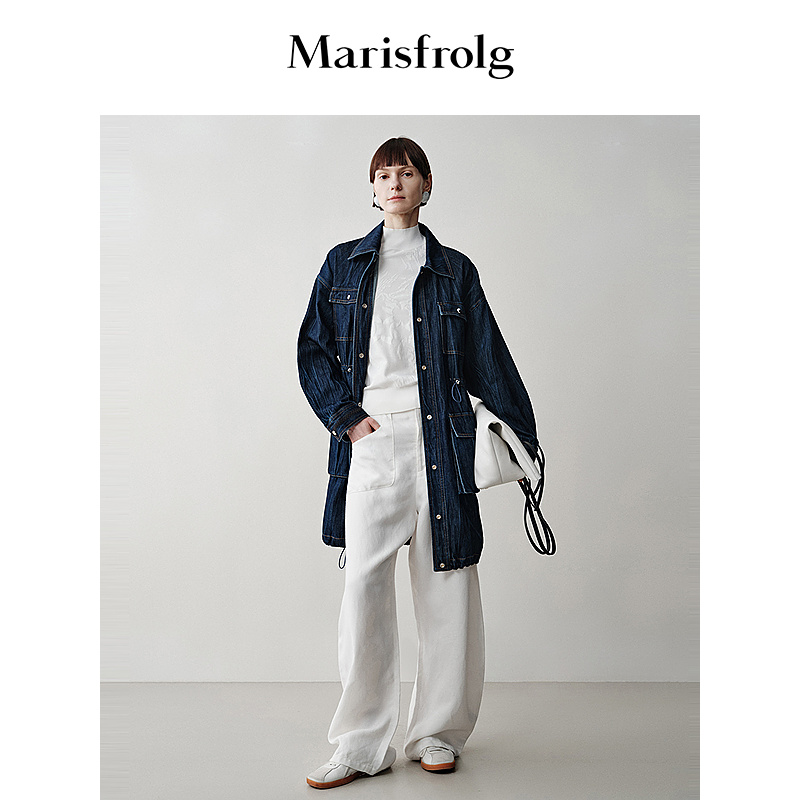 【米儿精选】玛丝菲尔蓝色裂纹牛仔抽绳多穿工装风外套