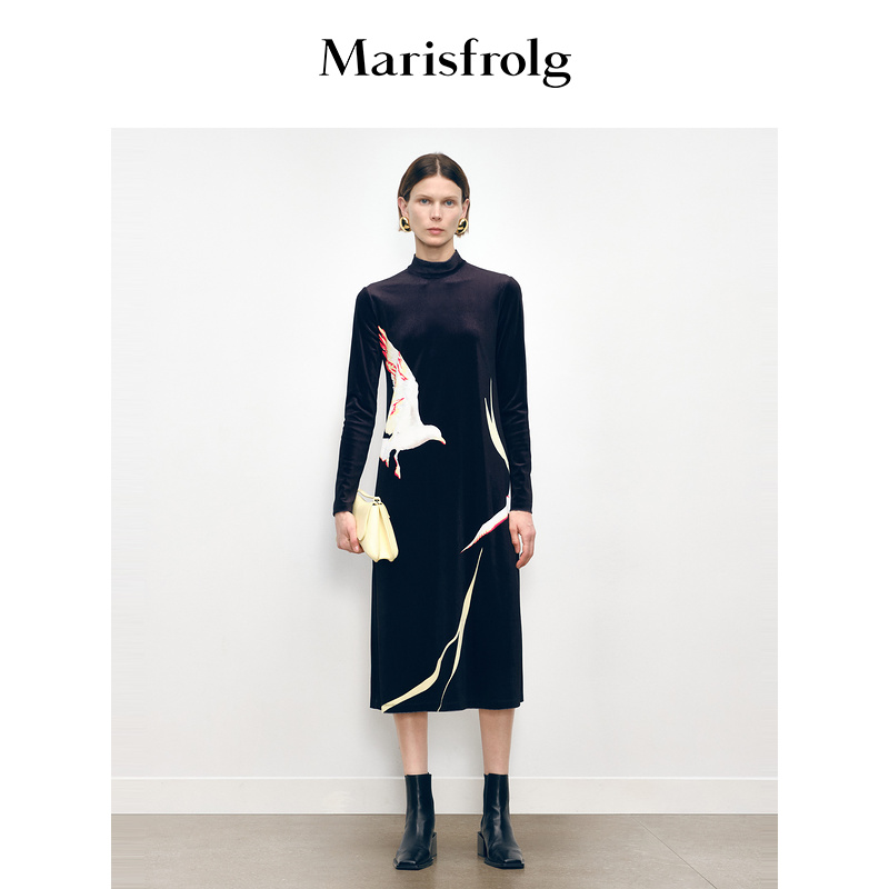 Marisfrolg玛丝菲尔秋冬复古优雅修身针织长袖连衣裙A1DE36476