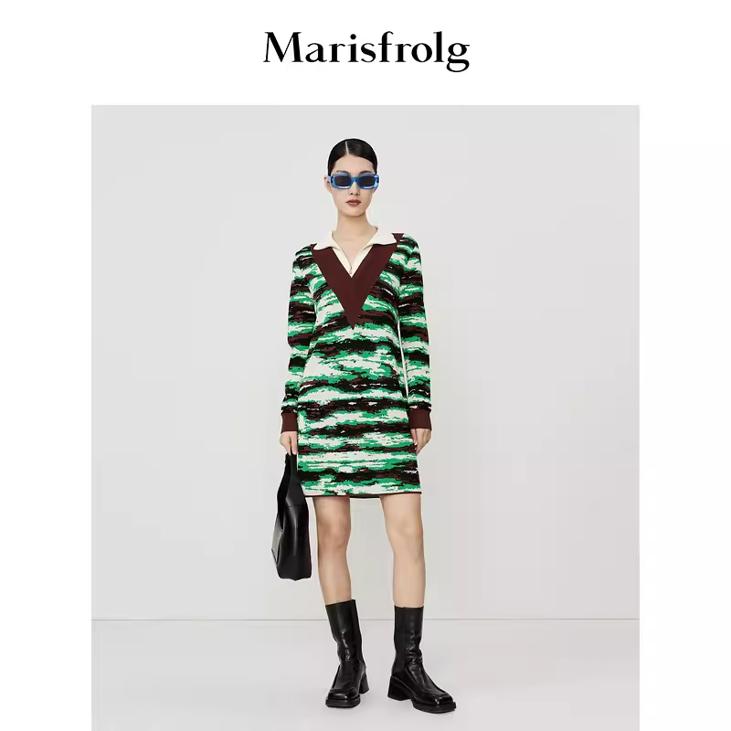 Marisfrolg/玛丝菲尔小香风连衣裙秋季气质拼接条纹秋冬A1CX3867M