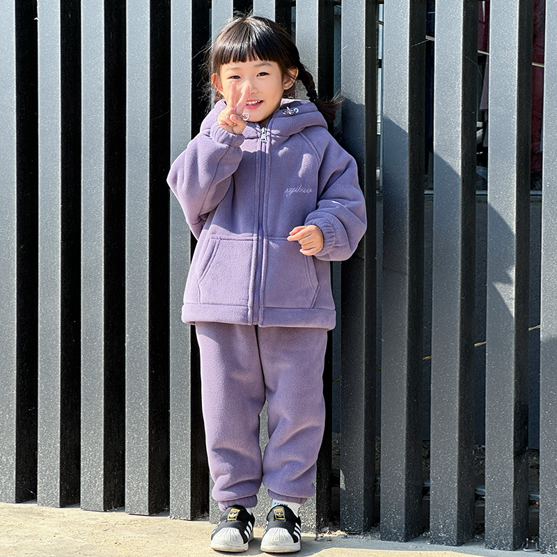 连帽儿童款海豚绒中大童时尚秋冬保暖拉链男女童装加绒加厚家居服