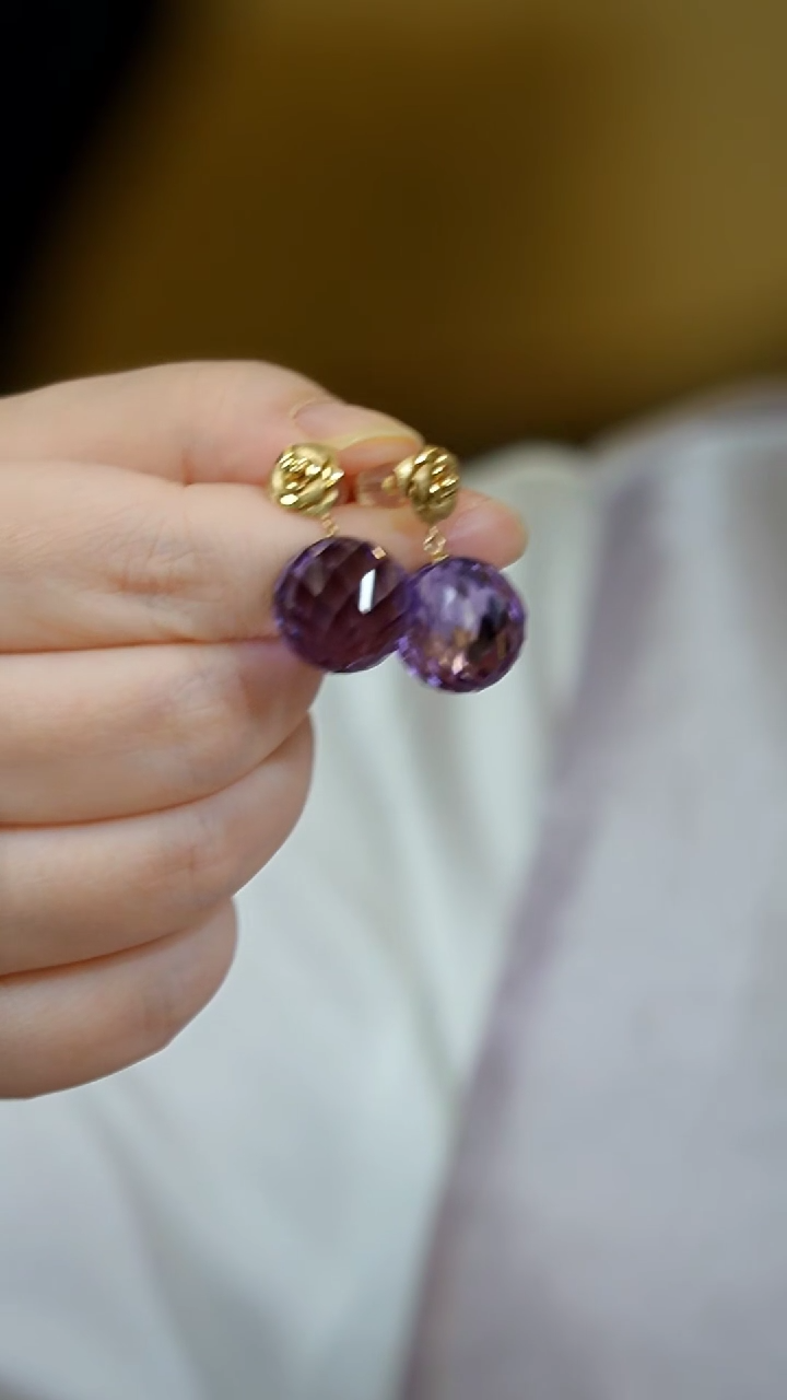 【闪购商品】紫晶耳钉18K金镶嵌紫晶千禧切18k耳钉