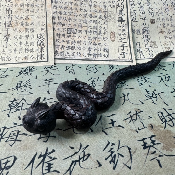 紫光檀黑金丝楠木纯手工整料雕刻角蝰蛇发簪头饰网红时尚个性气质