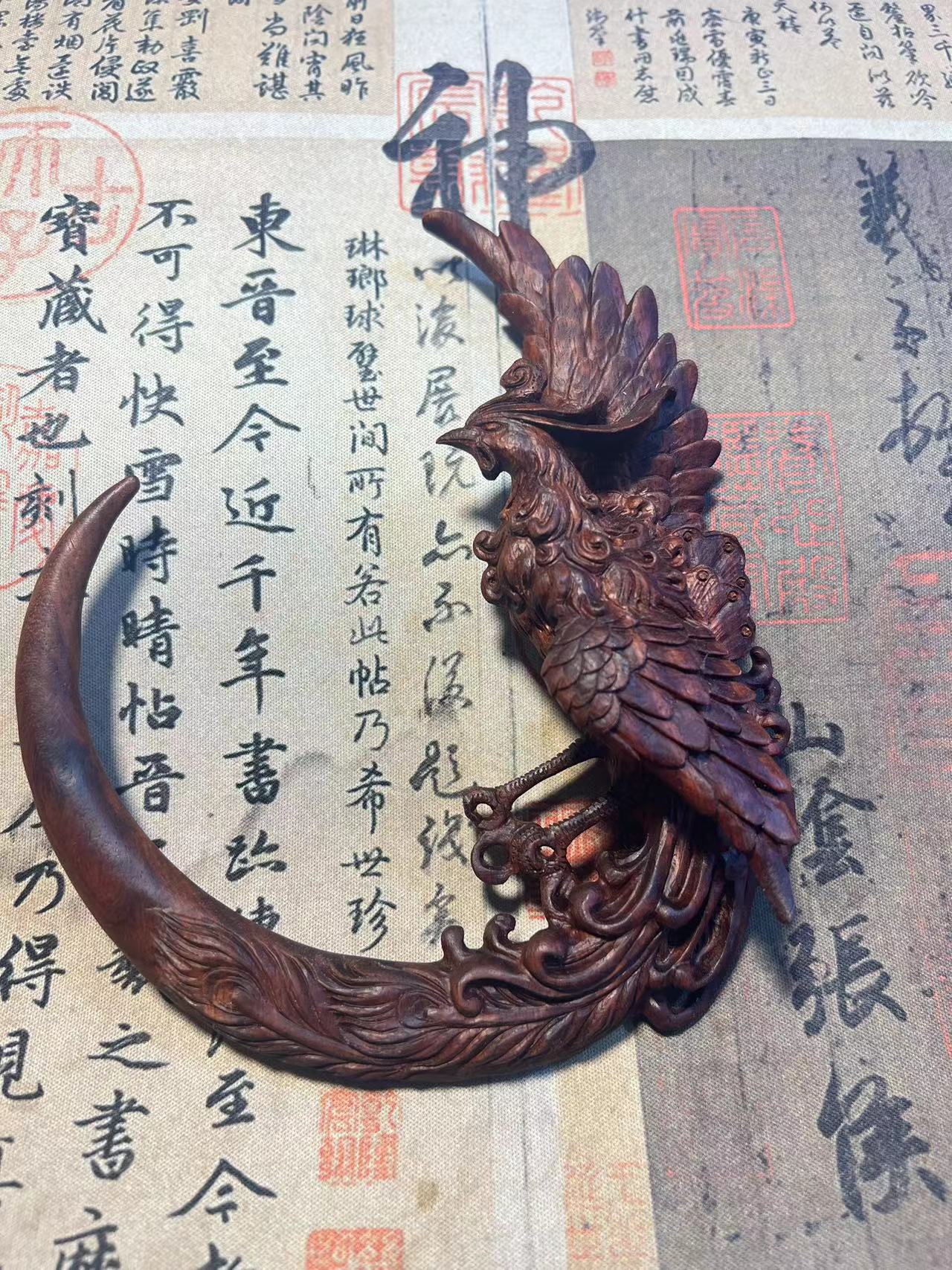 赞比亚血檀玄月凤凰发簪霸气古风复古个性