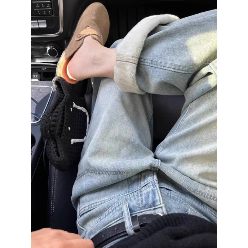 浅蓝色加绒加厚直筒牛仔裤女冬季大码胖mm设计感遮胯显瘦阔腿长裤