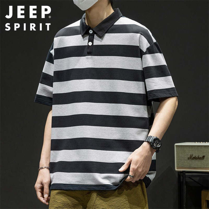 JEEPSPIRIT条纹polo衫男短袖夏季薄款宽松休闲百搭半袖翻领t恤