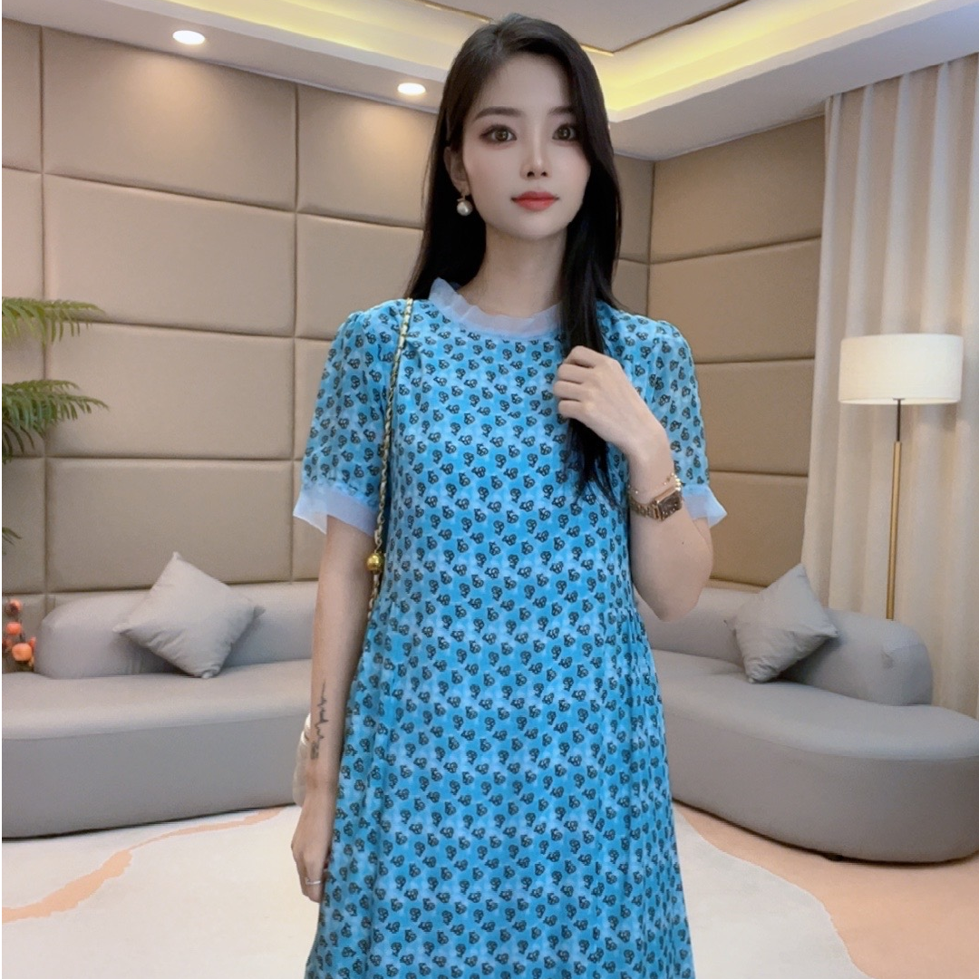 《雯雯心选》“蓝色碎钻”真丝连衣裙气质夏季时尚圆领甜美73501