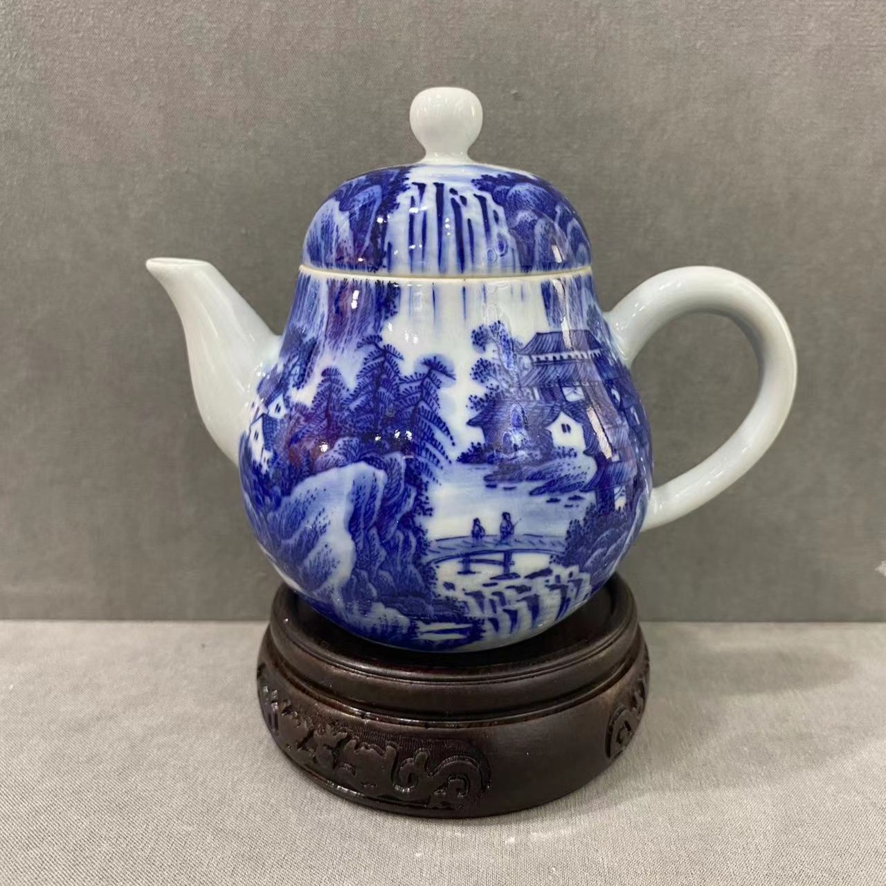 景德镇陶瓷纯手工纯手绘高端陶瓷茶器柴窑烧制精工山水梨型壶容量