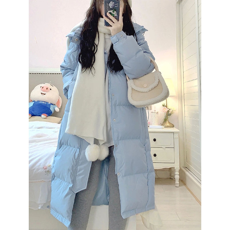 蓝色羽绒服外套女小个子秋冬加厚设计感小众宽松中长款过膝大衣羽