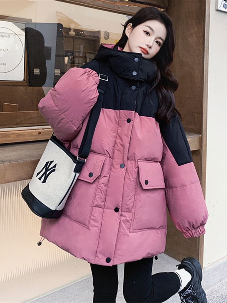 今年流行爆款拼色中长款羽绒服冬季女2023新款小个子加厚面包服外