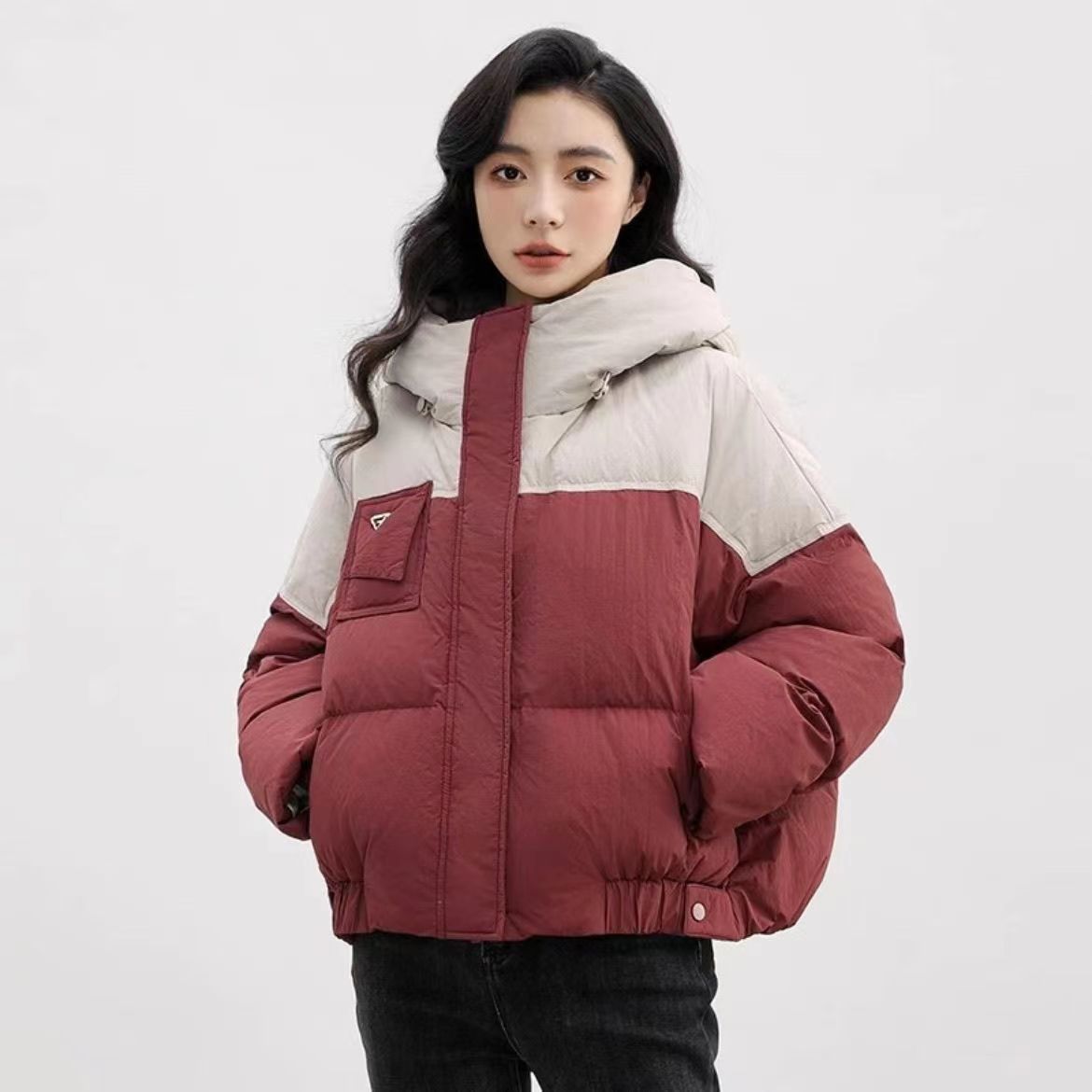 羽绒羽绒服女短款羽绒服外套2023学生小个子连帽面包服拼色冬装上