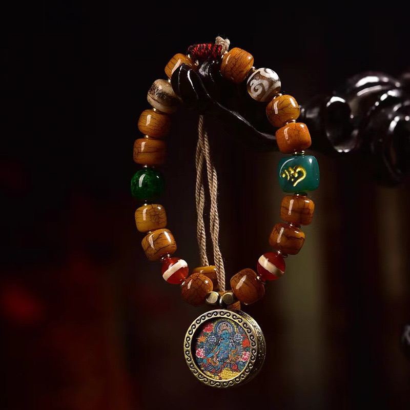 藏传骆驼骨手串单圈回流骨桶珠绿度母唐卡吊坠藏式复古文玩
