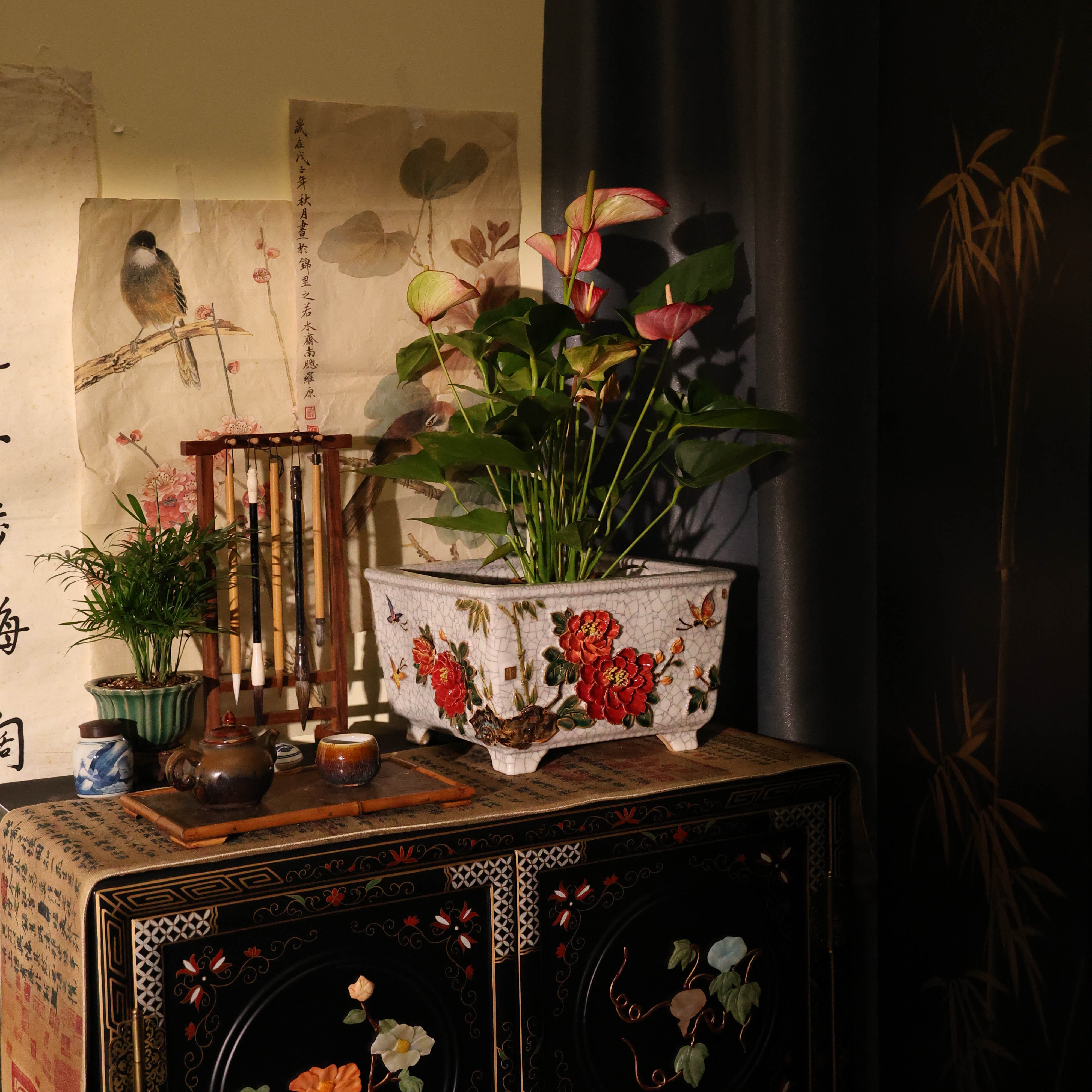 【家居级】陶一峰11寸中线贴花方斗石湾花盆