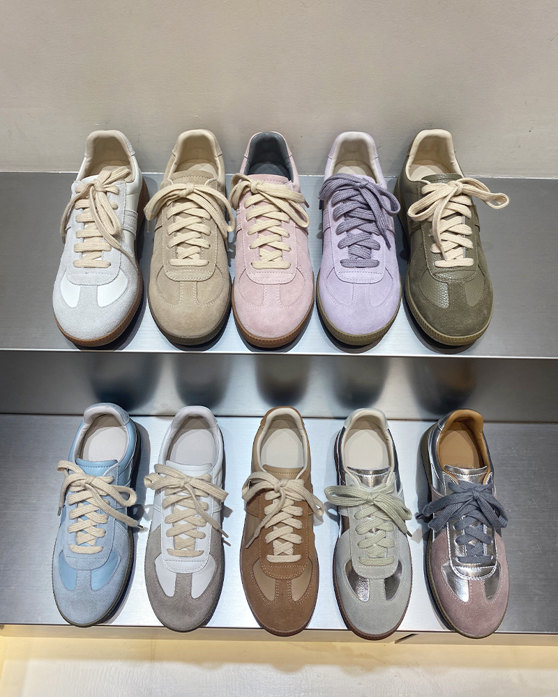 韩国拼色德训鞋复古圆头系带运动鞋女真皮百搭休闲平底真皮单鞋潮