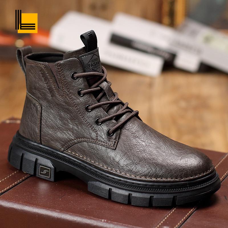 马丁靴男款冬季2024新款高帮英伦风加绒内增高工装靴耐磨男士皮靴