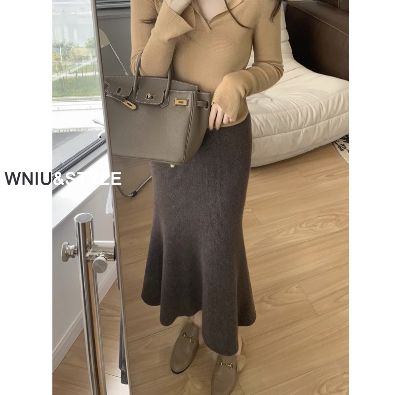 高腰气质鱼尾长裙女秋冬季中长款显瘦a字包臀裙子针织一步半身裙