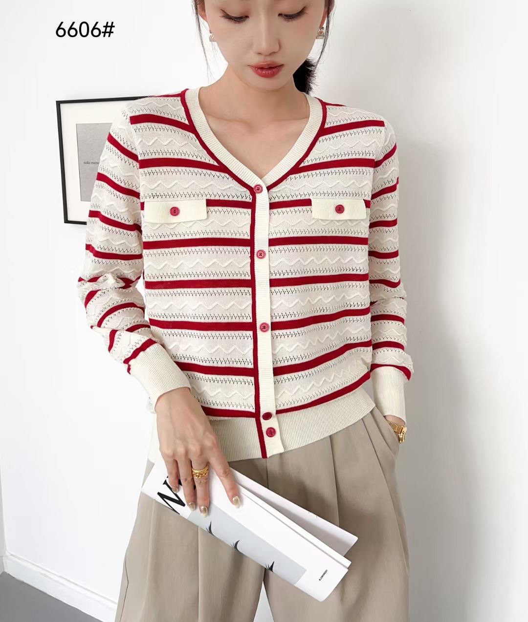 2024秋季新款长袖针织开衫v领条纹设计款百搭气质女针织上衣6606