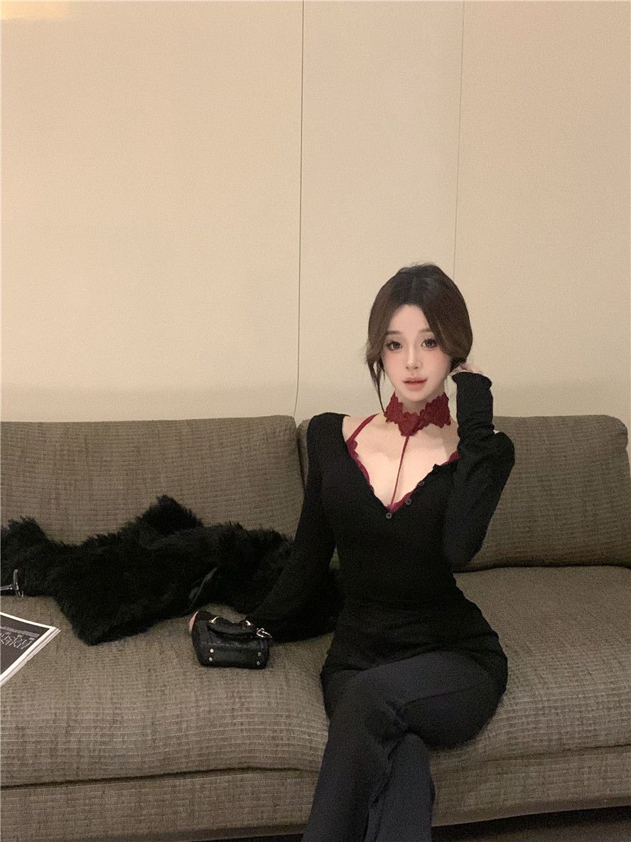 带胸垫蕾丝挂脖吊带背心纯欲辣妹修身不规则一字肩长袖T恤女春夏