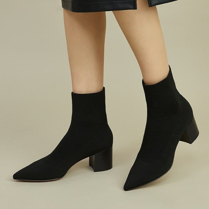 DEEPBREATH尖头飞织弹力布袜靴高跟靴粗跟瘦瘦靴15150细高跟
