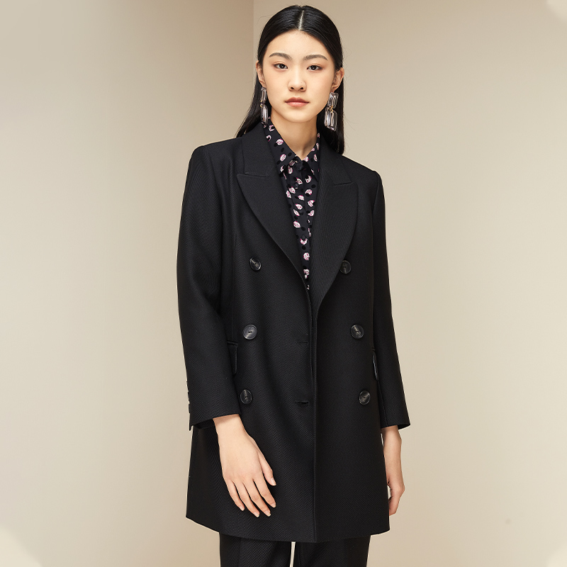 【大叔专属】修身双排扣中长款设计师休闲气质女士西装外套143G2200