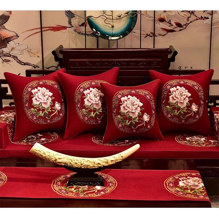 中式实木家具坐垫棉麻套装红木沙发圈椅垫子厚带靠背家用防滑定制