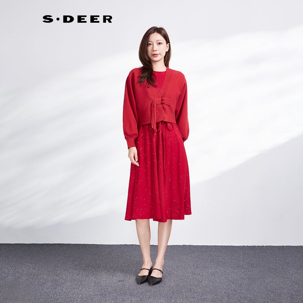 S·DEER圣迪奥秋冬时尚百搭气质轻奢收腰显瘦红色针织女装连衣裙