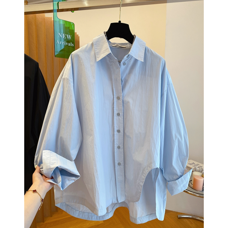 5189韩国东大门蓝色衬衫女长袖新款宽松不规则设计感松弛感上衣秋