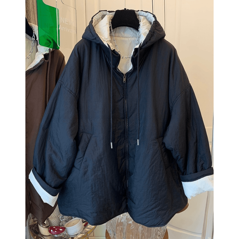 独特气质超好看撞色连帽棉服宽松休闲夹棉外套棉衣女2024冬季新款