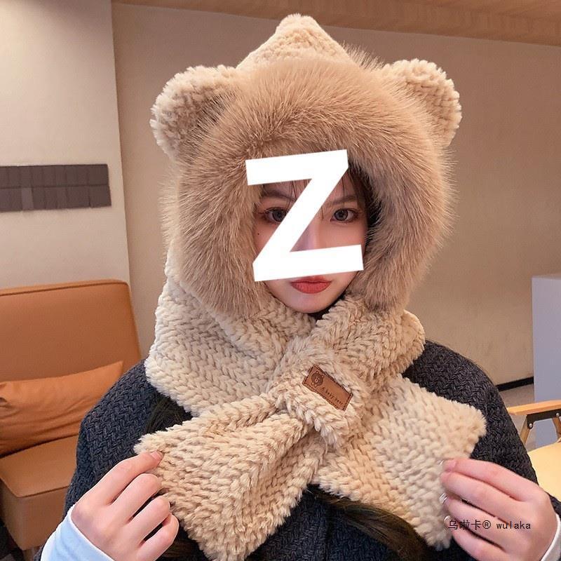YLL28冬季可爱小熊耳朵帽子围巾手套三件套女加绒加厚保暖护耳围