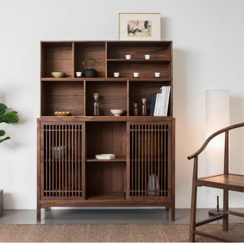 新中式餐边柜实木北美黑胡桃木双门柜禅意简约老榆木收纳柜玄关柜