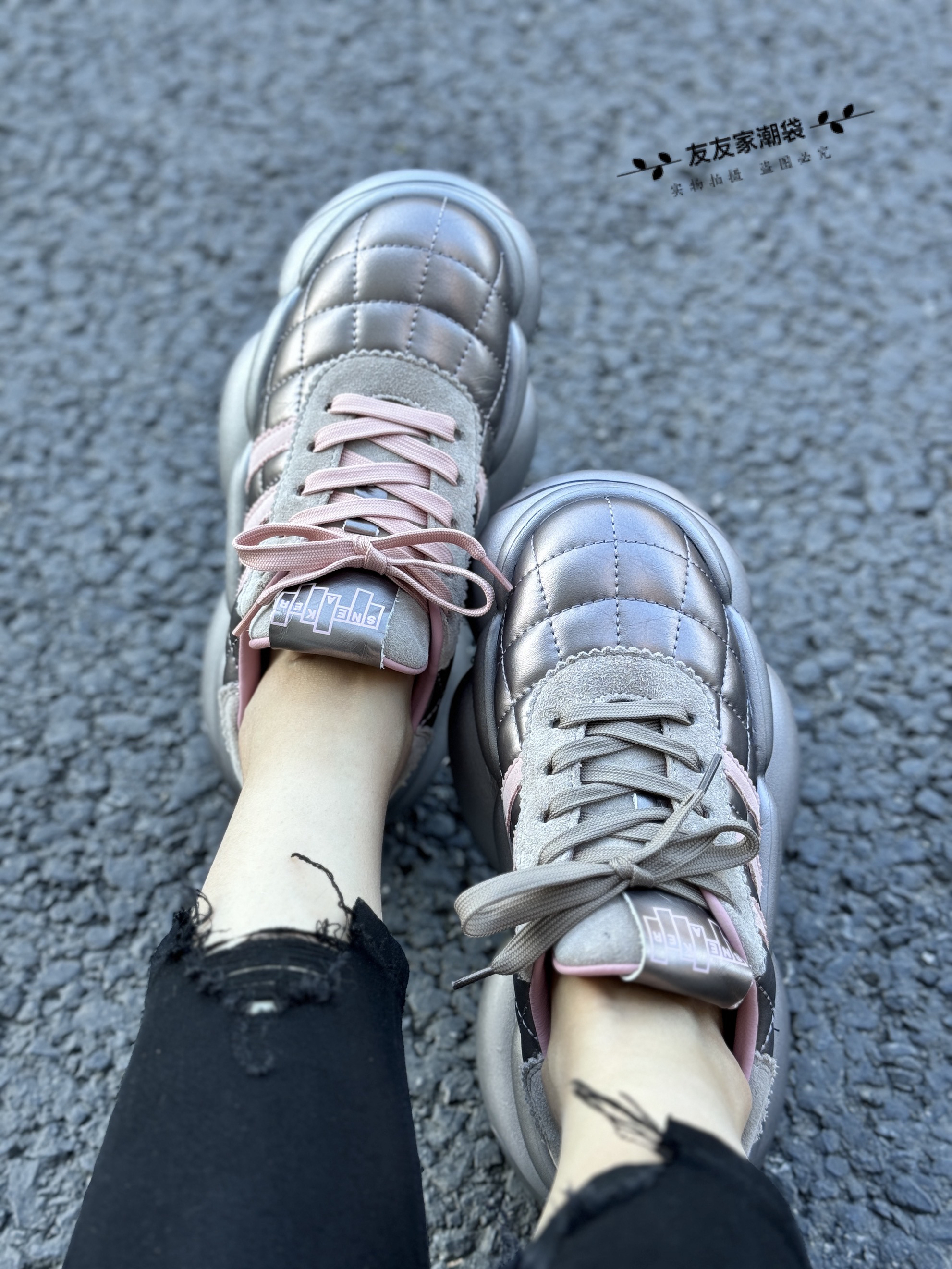 【友友家】原创设计高级古银牛皮菱格厚底鞋潮流复古时尚百搭