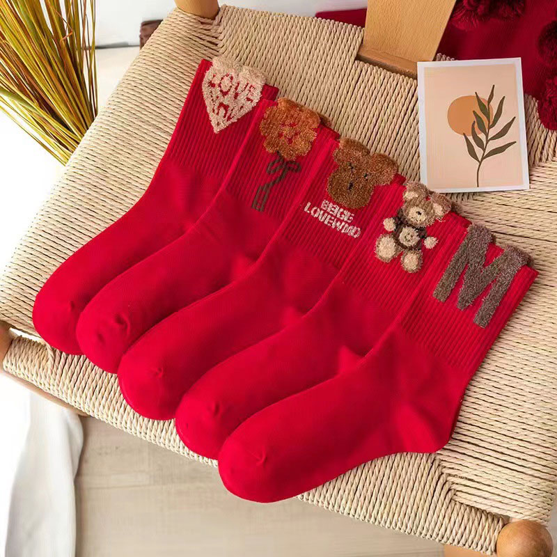 2024新年喜庆红袜秋冬款袜子女卡通可爱本命年大红中国风中筒女袜