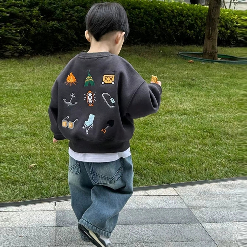 韩国童装秋冬男童洋气卡通加绒卫衣2025新款宝宝休闲套头衫上衣