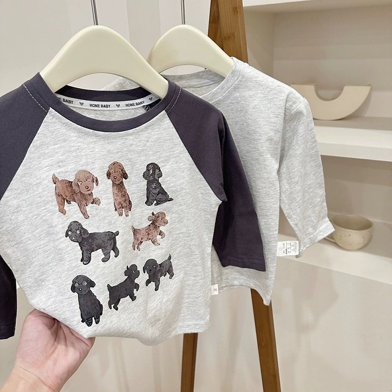 儿童棉休闲长袖T恤衫秋季新款男女童时髦撞色拼接内搭打底上衣