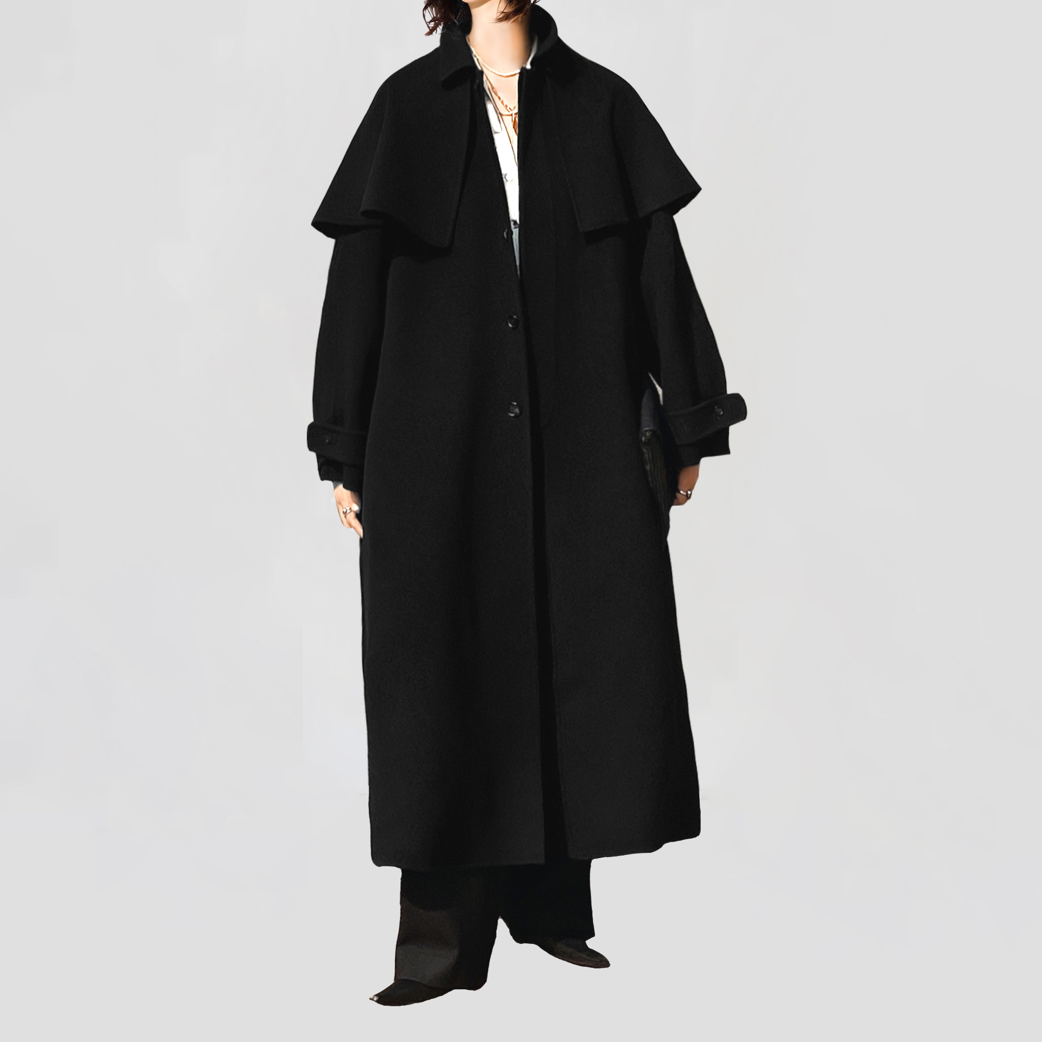 陈小满黑色澳洲羊绒羊毛可拆卸披风暗门襟廓形长款双面呢大衣外套