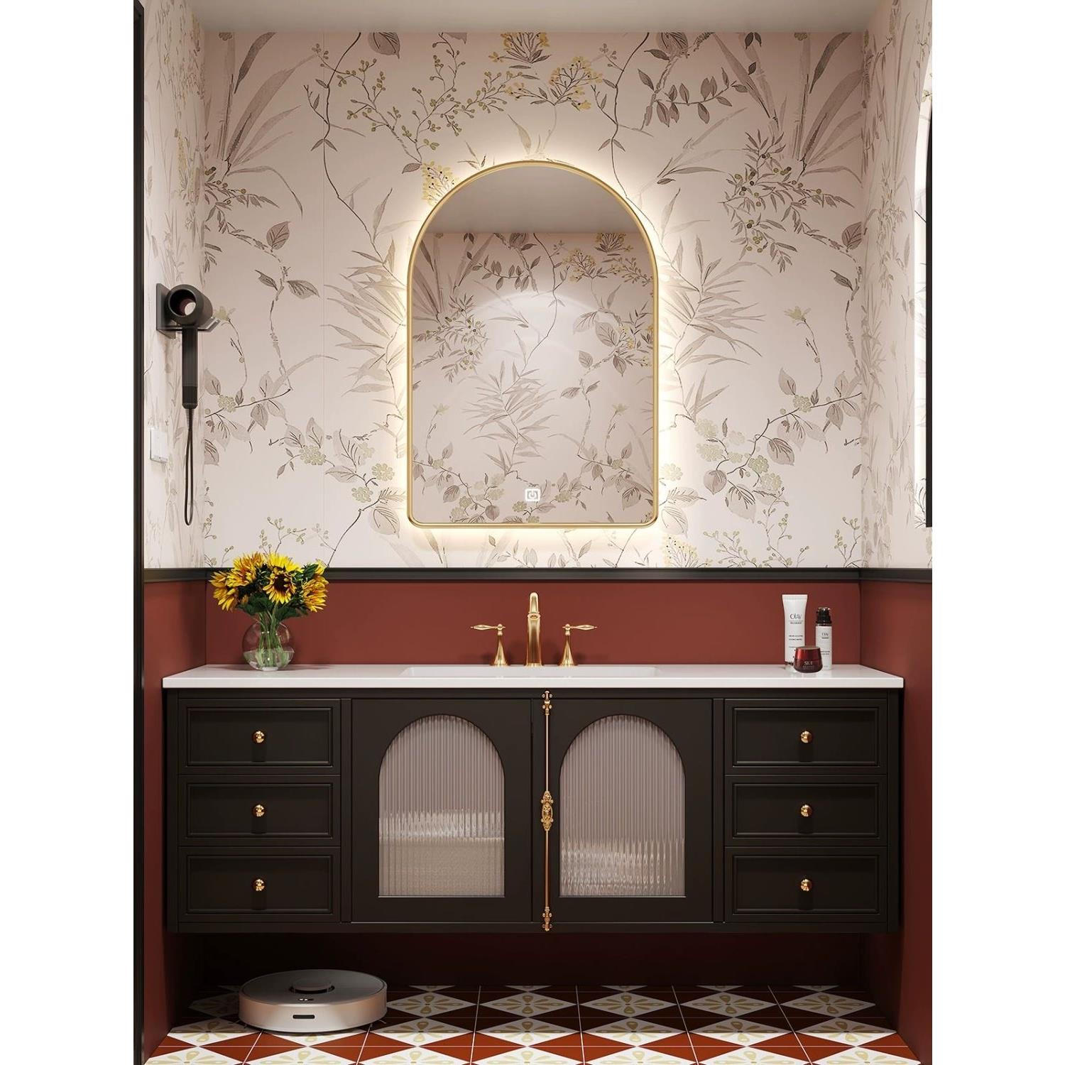 法式复古风橡木浴室柜组合岩板一体美式陶瓷洗脸盆卫生间洗手洗漱