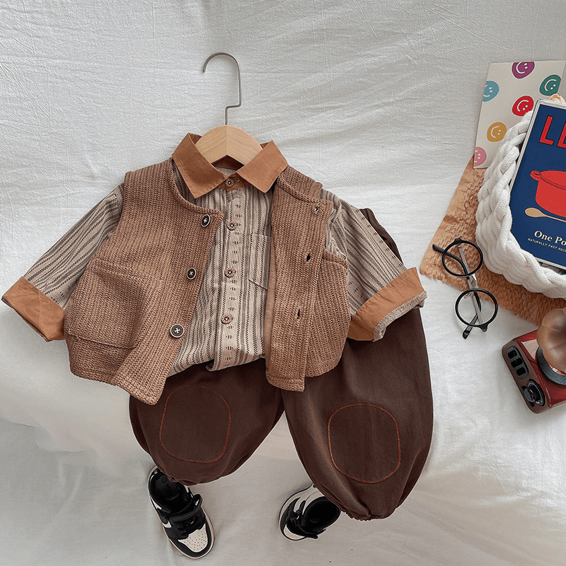 儿童韩系绅士洋气衣服宝宝时髦灯芯绒衬衫马甲短裤休闲包屁三件套