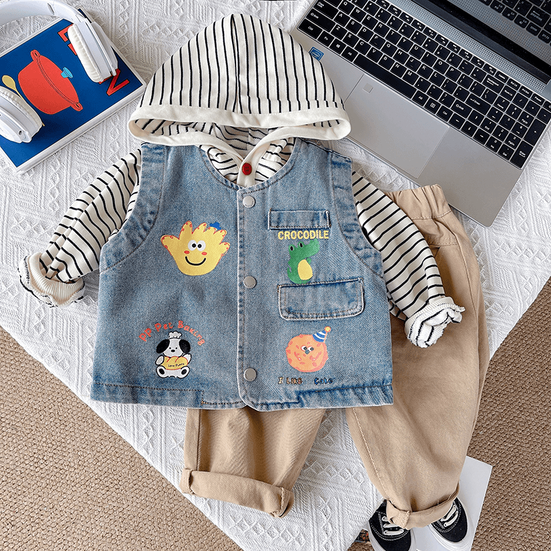 儿童秋装牛仔马甲连帽卫衣套装网红儿童炸街潮童装宝宝春秋款三件