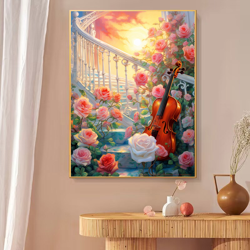 玫瑰小提琴（定制款）大格4股线绣满绣十字绣