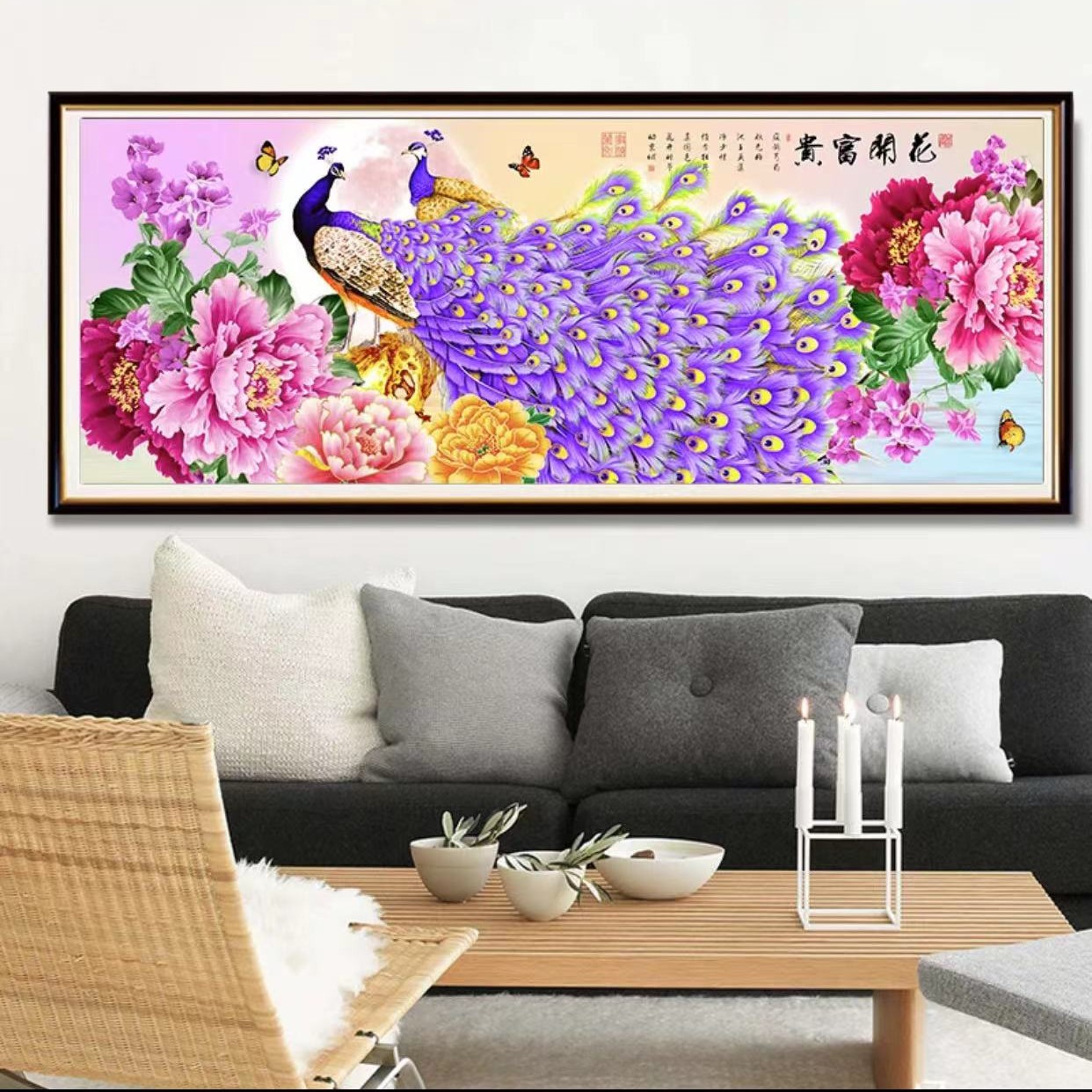 新花开富贵牡丹孔雀十字绣【客厅孔雀花卉图】十字绣印花