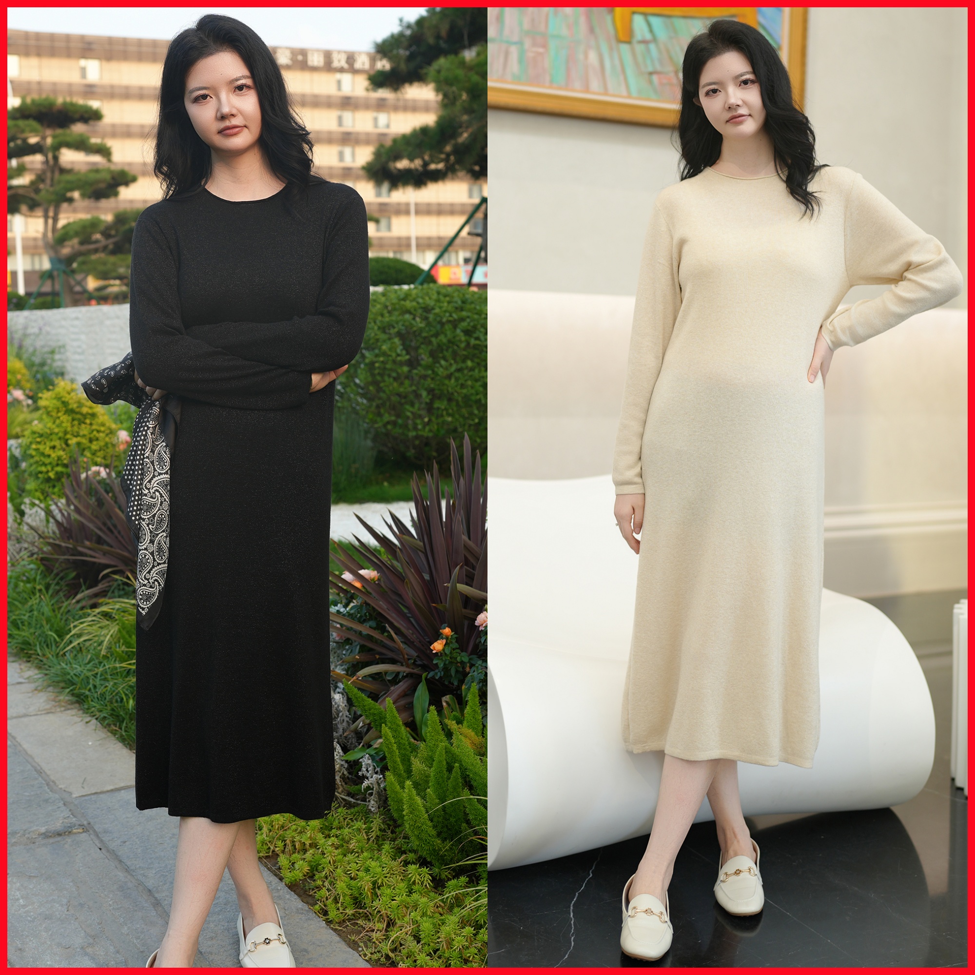 时尚女式秋冬新款精仿羊毛亮丝过膝长裙气质显瘦打底连衣裙女2470