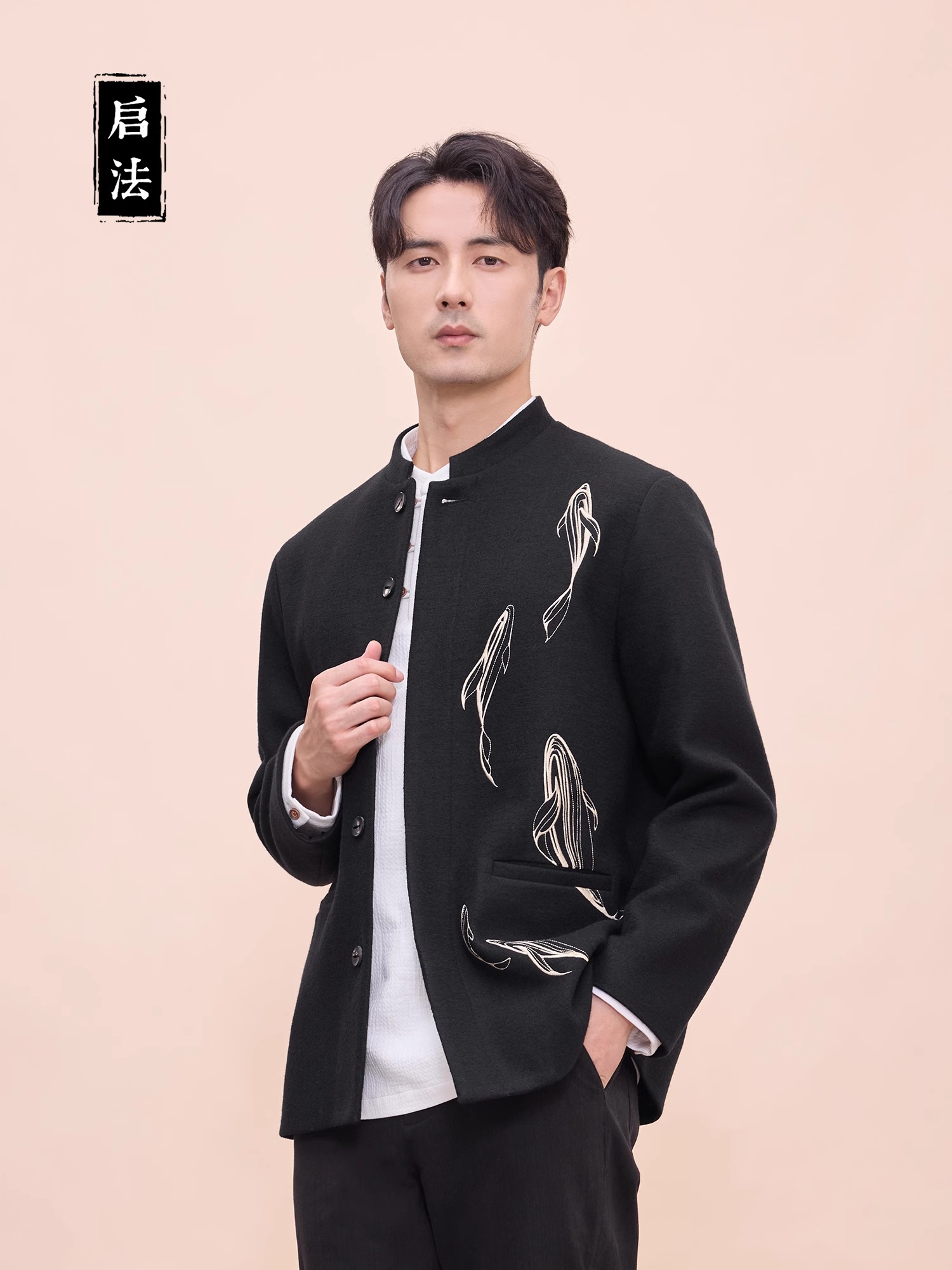 启·法男装冬季新款毛呢外套男士新中式装夹克复古刺绣高级感上衣.