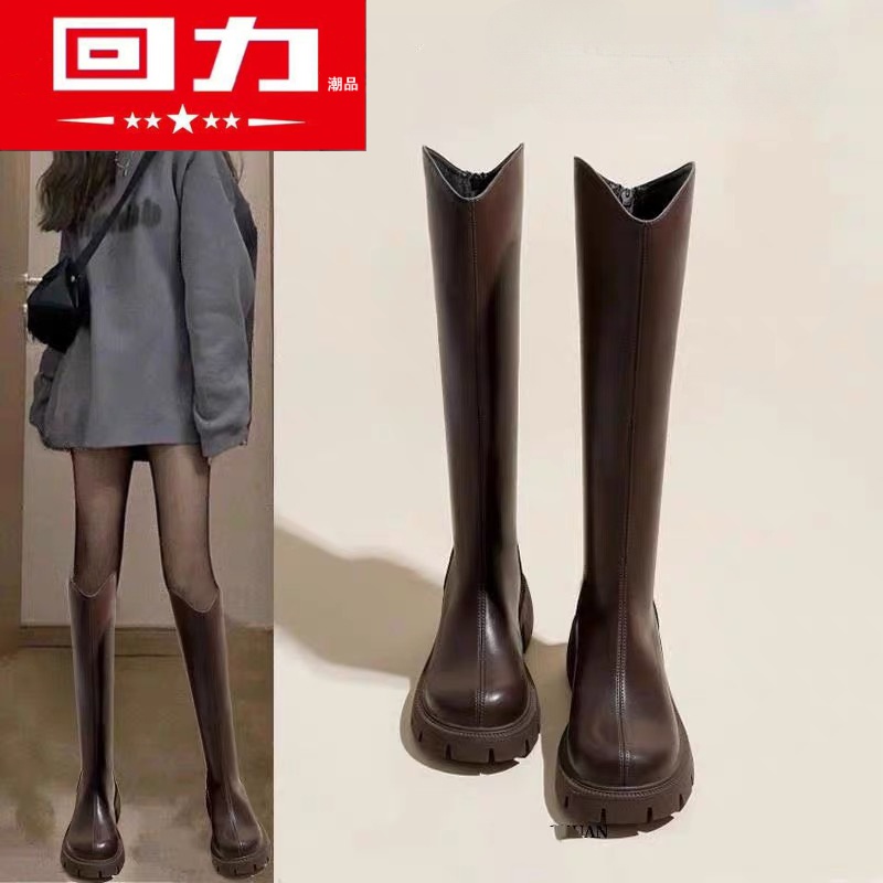 回力潮品女鞋V口长筒靴女新款厚底小个子不过膝骑士靴女高筒长靴