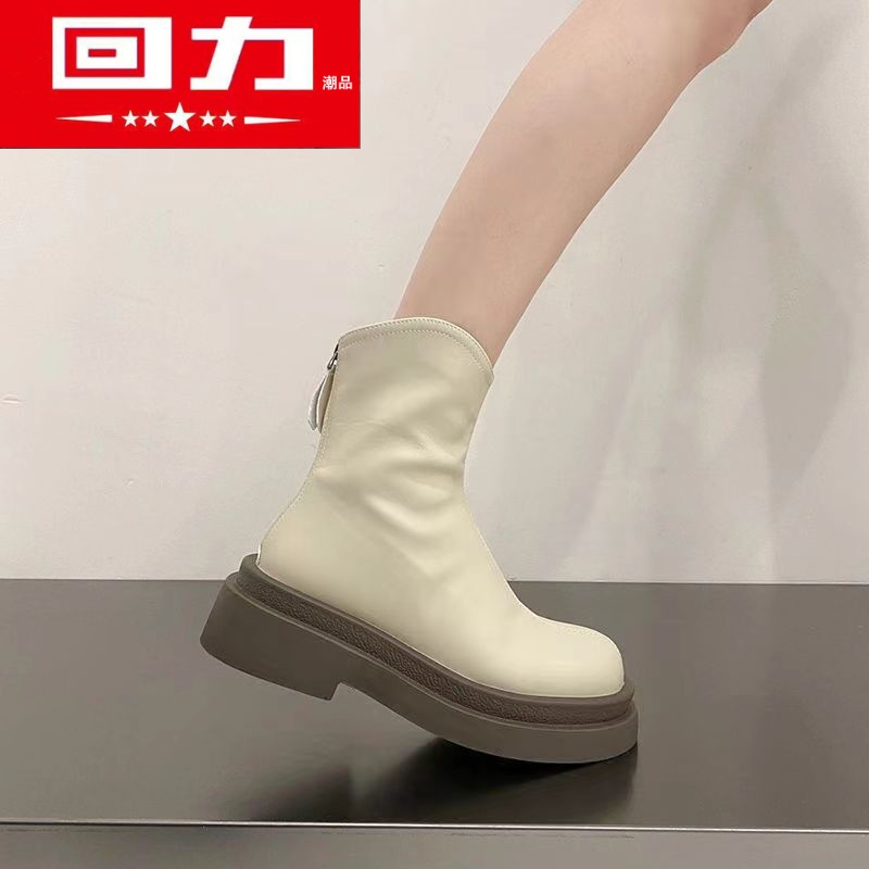 回力潮品女鞋潮牌米白色瘦瘦马丁短靴女松糕厚底骑士后拉链切尔西