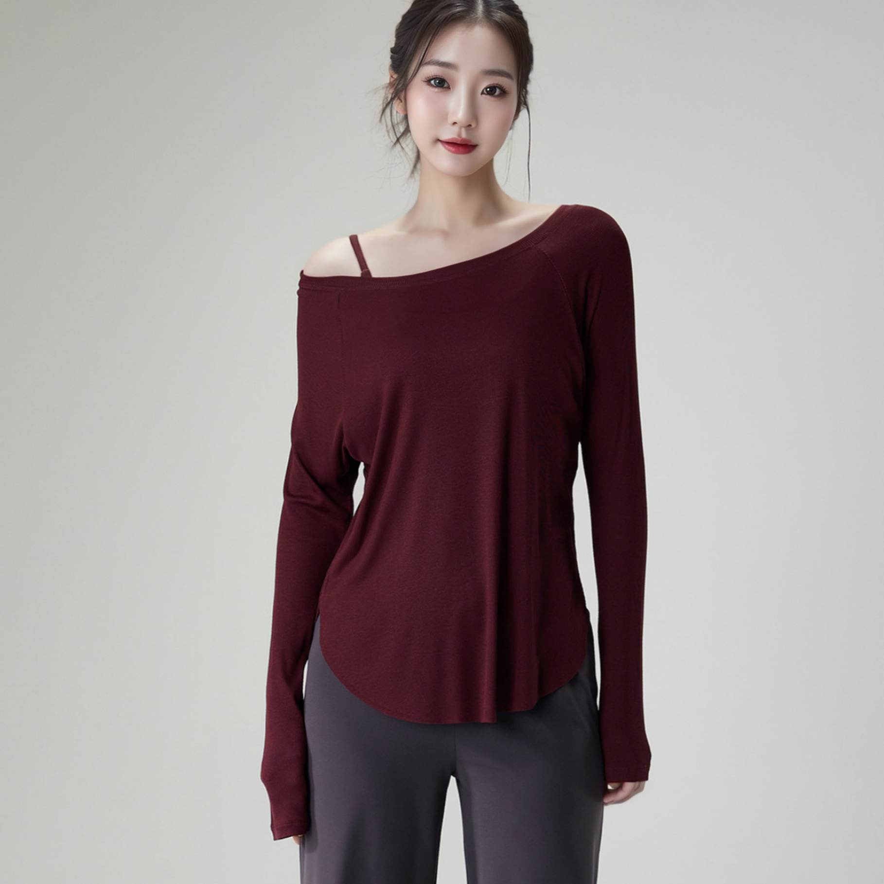 XN957瑜伽服显瘦运动健身长袖宽松气质弧形圆领弹力打底瑜伽上衣