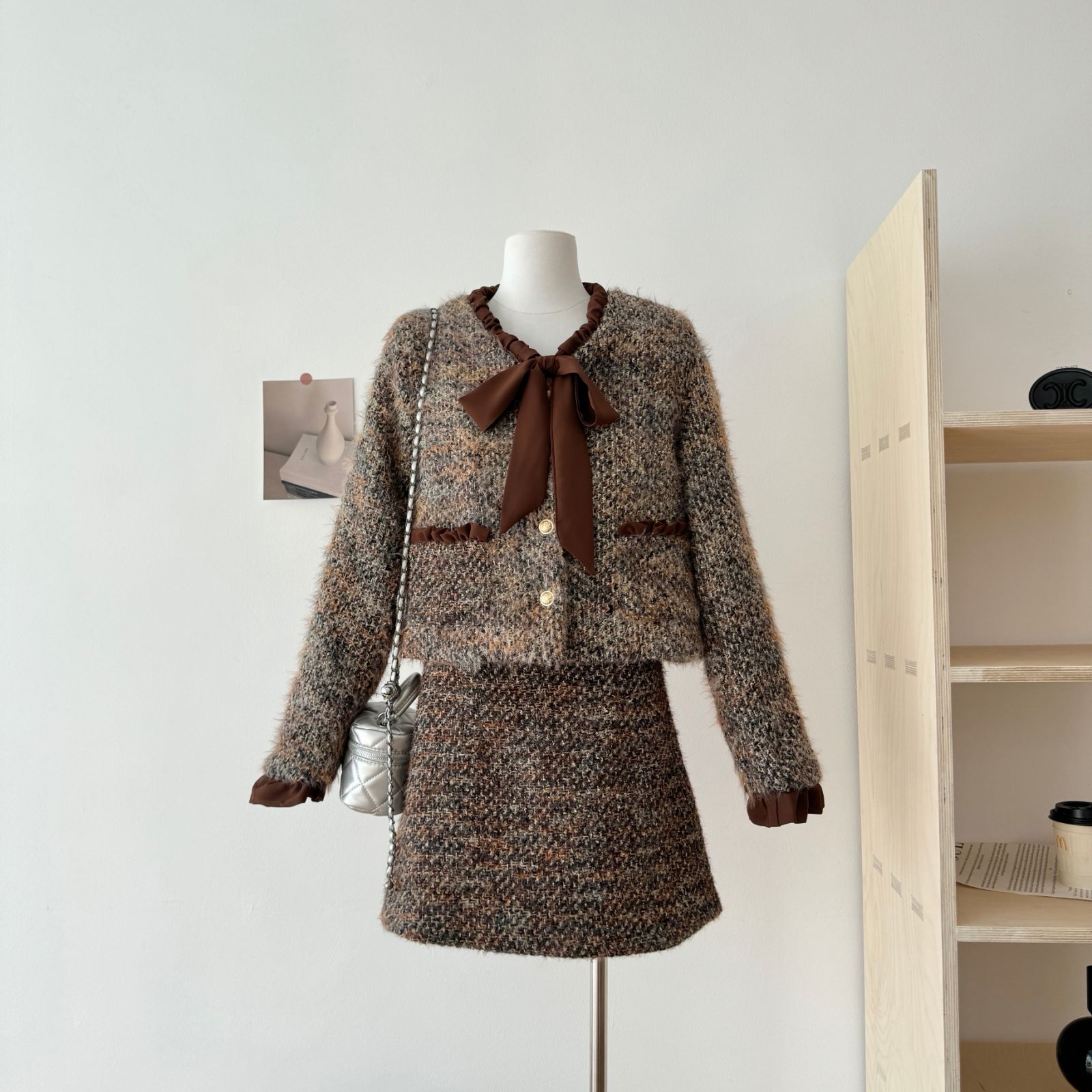 秋冬小香风套装显瘦气质高腰短款时尚复古毛呢粗花呢法式冬季