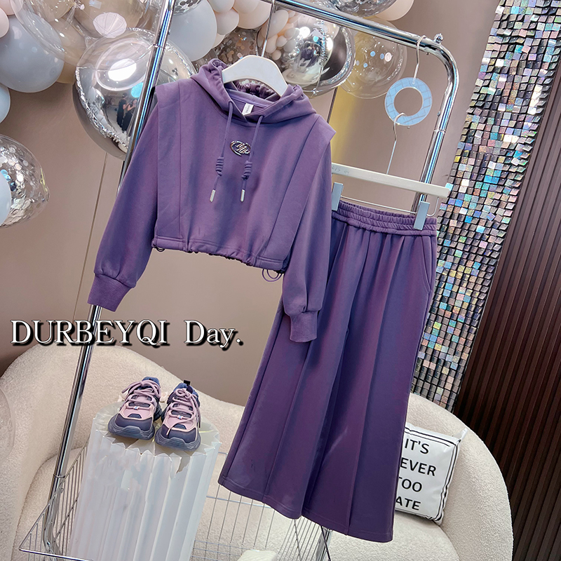 女童套装秋装2024新款儿童洋气连帽卫衣阔腿裤两件套大童潮酷穿搭